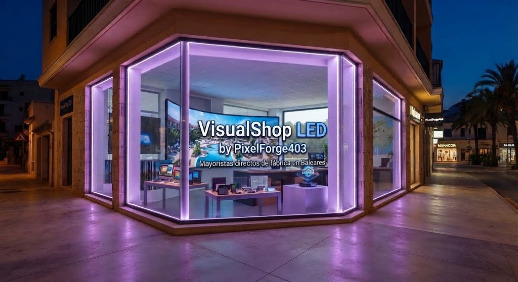 Escaparate nocturno del showroom VisualShop LED by PixelForge403 con iluminación LED perimetral