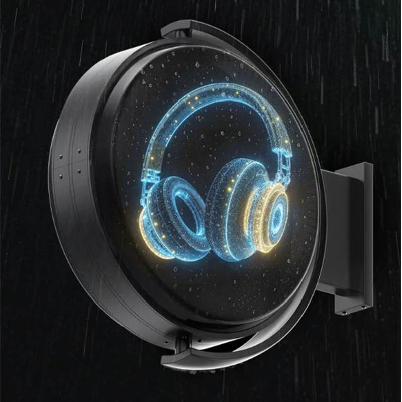 Rótulo holográfico 3D circular mostrando unos auriculares