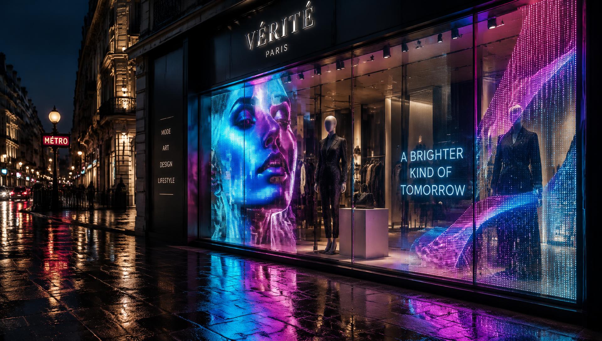 Escaparate de tienda con pantalla LED transparente iluminada